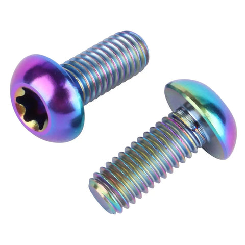 Heavy Duty Badass Grade Five Titanium Fasteners M5 X 12mm T25 Torx Head Bolts And Screws close-up view of colorful titanium screws.