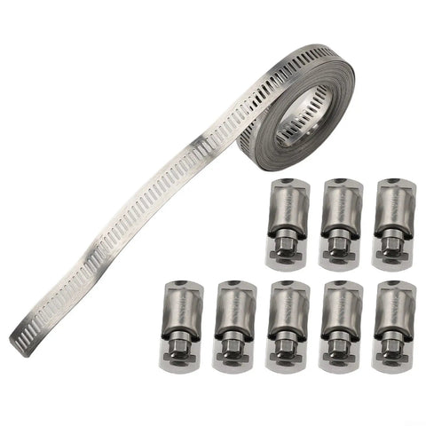 Super Cool Stainless Steel Hose Clamp DIY Kit With Adjustable Worm Gear Strap And Fasteners For Rust Proof Automotive Marine Pipe Repairs In Custom Silver Sizes rolled strap with 8 clamps