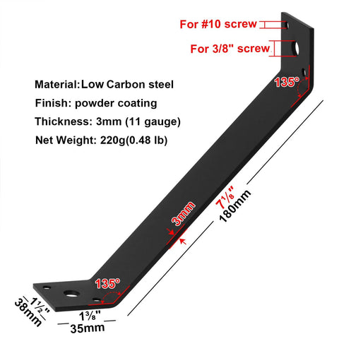 Diagram of Heavy Duty Inside Mount 45 Degree Angle Strap Brace Set highlighting dimensions, screw holes, and powder-coated finish.