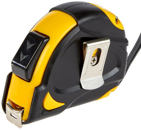 Self Locking Tape Measure With Belt Clip, 16 Feet, Inch And Metric Scale, MID Accuracy, Black and Yellow Side View