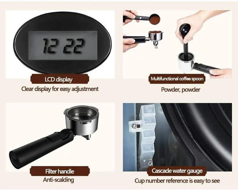 Smart Coffee Maker With Two Flavors Espresso, Double Pumps And Boilers, Programmable Timer, Adjustable Brew Strength features shown: LCD display, multifunctional coffee spoon, filter handle, cascade water gauge.