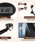 Smart Coffee Machine With Two Flavor Settings And Espresso Brew Dual Pumps And Boilers Six Function Buttons Programmable Timer And Adjustable Strength For Fresh Morning Coffee On Demand showing LCD display, multifunctional coffee spoon, filter handle, and cascade water gauge.