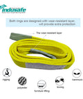 2 Pack 2 Inch By 3 Foot Lift Slings Made From 2 Ply Polyester Rigging Straps Flat Eye To Eye Web Slings With 6200 Lb Working Load shown coiled with wear-resistant layer and usage icons