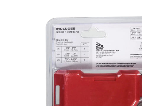 Three Piece Milwaukee Cobalt Step Drill Bit Set For Metal And Wood With Sizes 1 4 9, packaging showing included sizes and red cover