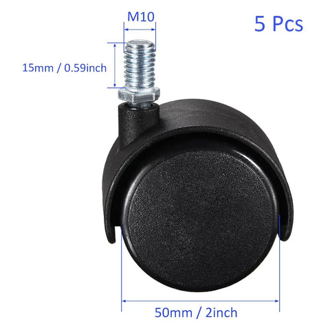 Five Pack Built Tough Nylon Caster Wheels With Swivel Like A Dream Rollers, 50mm diameter, 15mm threaded stem for easy installation.