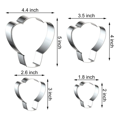 Hot Air Balloon Cookie Cutter Set Four Piece Kit In Stainless Steel With 5 Inch 4 Inch 3 Inch And 2 Inch Shapes for baking.