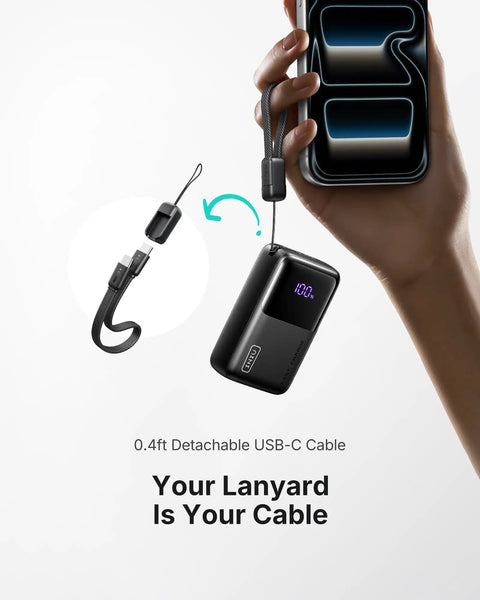 Hella Compact 10000 Mah Pocket Power Bank With Blazing 45W Fast Charging For Smartphones And Tablets with detachable USB-C cable.