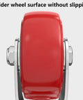 Heavy Duty Industrial Casters Set Of Four Swivel Rubber Wheels With One Touch Brakes Silent Rolling Design For Workshop Carts And Mobile Toolboxes side view of red swivel caster wheel showing wider surface.