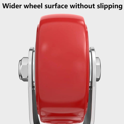 Heavy Duty Industrial Casters Set Of Four Swivel Rubber Wheels With One Touch Brakes Silent Rolling Design For Workshop Carts And Mobile Toolboxes side view of red swivel caster wheel showing wider surface.