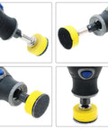 Close-up of drill and rotary tools using 113 Piece 1 Inch Wet Dry Sanding Discs Set with 60-800 Grit