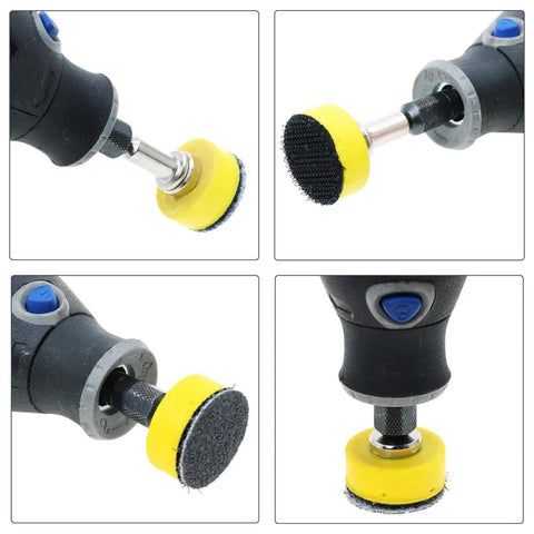 Close-up of drill and rotary tools using 113 Piece 1 Inch Wet Dry Sanding Discs Set with 60-800 Grit