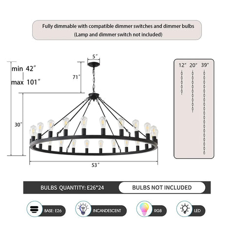 Diagram of 53 Inch Farmhouse Wagon Wheel Chandelier With 24 Lights Rustic Black Round Ceiling Light for adjustable height installation.
