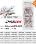 All-In-One Ceramic Capacitor Assortment Kit For DIYers, 720 Pieces, 36 Values From 10pF To 10µF, 50V, Great For DIY Electronics Projects And PCB Repairs, Values Printed On Each Bag; transparent labeled bags and detailed list.