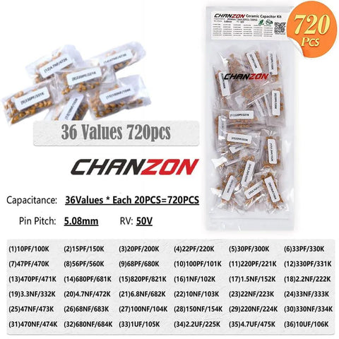 All-In-One Ceramic Capacitor Assortment Kit For DIYers, 720 Pieces, 36 Values From 10pF To 10µF, 50V, Great For DIY Electronics Projects And PCB Repairs, Values Printed On Each Bag; transparent labeled bags and detailed list.