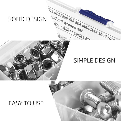 Stainless Steel 304 Heavy Duty Round Head Hex Screws Bolts Nuts Kit 130 Piece Assortment With M6 Half And Flat Heads Full Thread