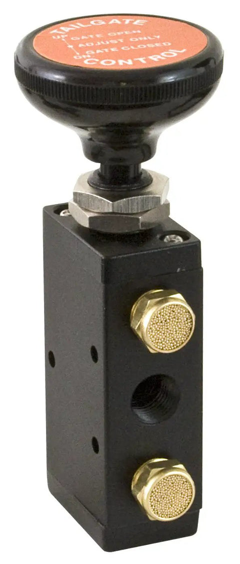 BAV015 4 Way 3 Position Manual Air Valve with 1/4 in NPT ports for tailgates, air compression, and pneumatics, front view