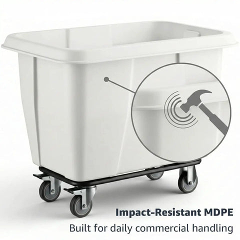 Heavy Duty White Rolling Garbage Can With 600 Pound Load Rating And 12 Cubic Foot Construction Dump Cart with impact-resistant MDPE material.