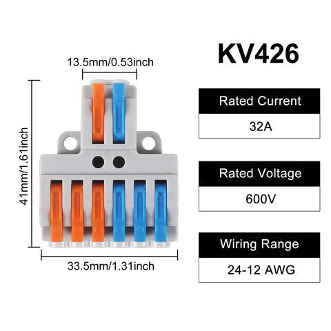 10Pcs 2 In 6 Out Lever Wire Connector Kit for DIY Quick Connect Push In Splitter Blocks with dimensions and specs