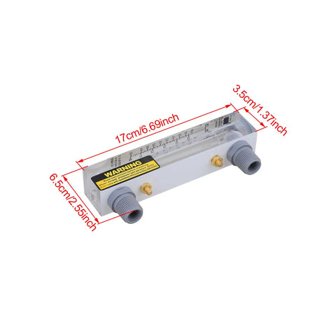 Panel Mount Water Flowmeter For Liquids 0.05 To 0.5 GPM (0.2 To 2 LPM) Acrylic Rectangular Body 170 mm Height Easy Inline Panel Install With Clear Readout And Upward Travel Flow Indicator, side view with dimensions
