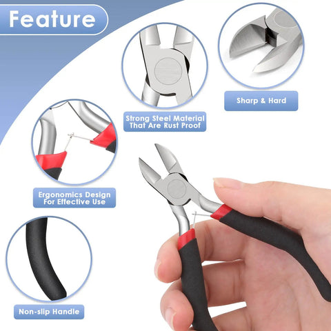 Hand holding Beast Pro Grade Wire Cutters for Crafts and Jewelry Making, features include rust-proof steel material and ergonomic design