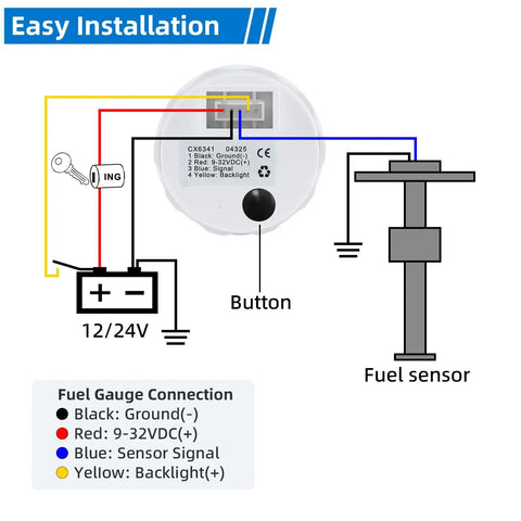 Illustration of Seven Color LED Fuel Gauge for Boats Cars and Trucks with wiring connections and sensor diagram