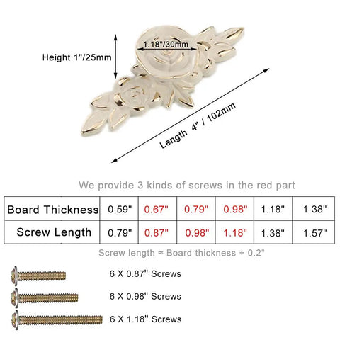 European Style Rose Cabinet Knob Set With Backplates 102mm showing measurements and included screws details