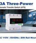 63A 110/120V Triple Power Automatic Transfer Switch For Seamless Backup Power Switching Between Utility Power, Generator, And Inverter With Overcurrent, Overvoltage, And Undervoltage Protection. DIN rail mount ATS with digital display