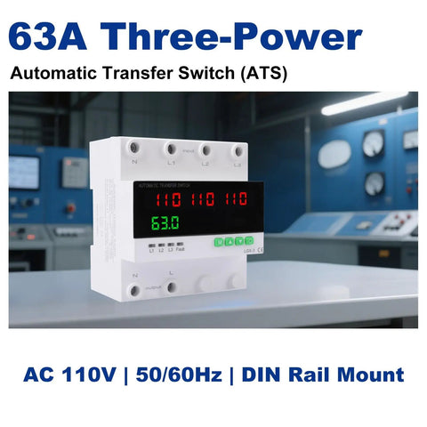 63A 110/120V Triple Power Automatic Transfer Switch For Seamless Backup Power Switching Between Utility Power, Generator, And Inverter With Overcurrent, Overvoltage, And Undervoltage Protection. DIN rail mount ATS with digital display