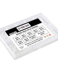 White Nylon Round Head Screw And Nut Bolt Assortment Kit Featuring Top Shelf Corrosion Resistant Fasteners In A Neat Labeled Storage Box showing 420 pieces with multiple sizes.