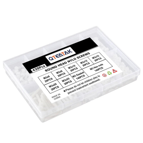 White Nylon Round Head Screw And Nut Bolt Assortment Kit Featuring Top Shelf Corrosion Resistant Fasteners In A Neat Labeled Storage Box showing 420 pieces with multiple sizes.