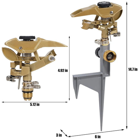 Side view of Two Pack Impact Sprinklers With Metal Step Spikes, Heavy Duty Zinc Alloy Lawn Sprinkler Heads On Spike Bases.