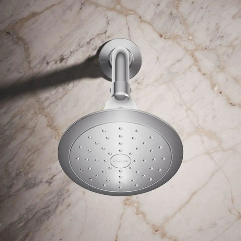 Forté 2.0 GPM Showerhead With Katalyst Spray, Single Function Low Flow Upgrade, Vibrant Brushed Nickel Finish on marble