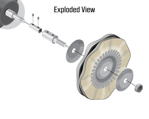 Exploded view of Heavy Duty Bench Grinder Extension Adapter showing components for 8 inch airway wheels and dual arbor compatibility.
