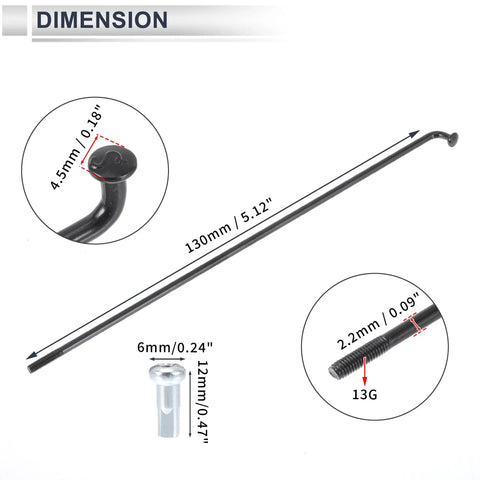 Universal Bicycle Spokes And Nipples Kit 13G 130Mm Length 36 Spokes 36 Nipples Black 45 Steel Durable with dimensions