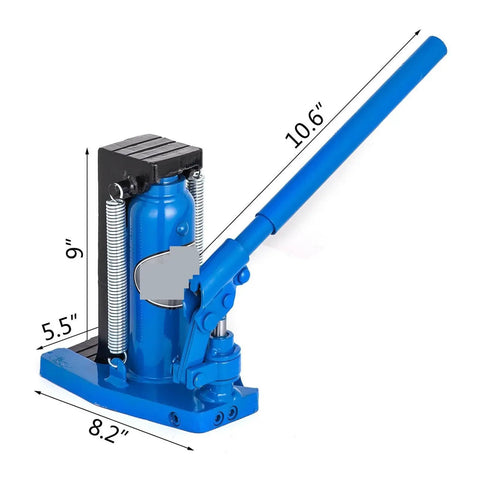 Heavy Duty Toe Lift Jack Featuring Air Hydraulic Action And Heat Treated Steel Cylinder, 10.6 inches tall, blue steel construction.