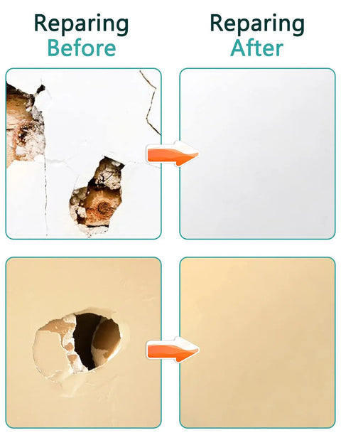 Before and after repair using 15-Piece Drywall Repair Kit With Self Adhesive Fiberglass Mesh Patches In 2, 4, 6, 8 Inch Sizes.