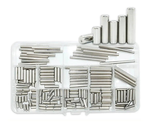 Assorted Beefy Heavy Duty Stainless Steel Dowel Pin Set in transparent case, ideal for shelves and closets, strong load-bearing.