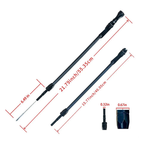 Flexible 21.79 Inch Oil Dipstick For LS Truck Engines Black Housing With Quart And Liter Markings, dimensions labeled