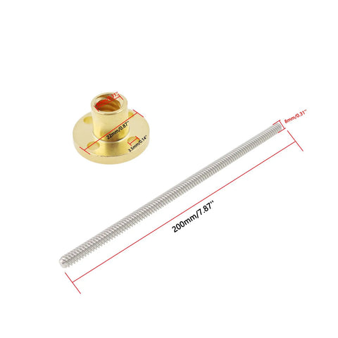 Beefy Heavy Duty Lead Screw And Nut Kit For 3D Printer And CNC Machines Z Axis 200mm Long 8mm Diameter TR8x8 Acme Thread Brass Nut
