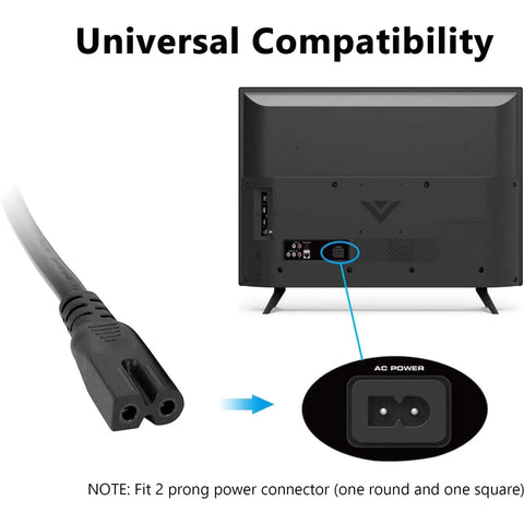 2 Prong Polarized AC Power Cord Replacement For HDTVs And Audio Gear, 6.5 Ft Long, showing connector compatibility with device