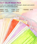 Kids Face Masks Pack Of 50 Three Ply Disposable With Colorful Designs shown in multiple colors with ear loops and nose wire.