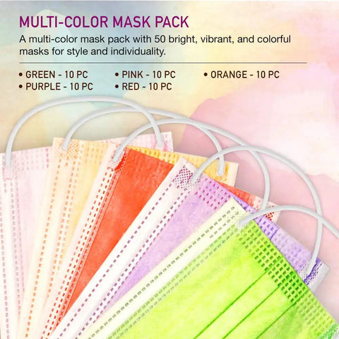 Kids Face Masks Pack Of 50 Three Ply Disposable With Colorful Designs shown in multiple colors with ear loops and nose wire.