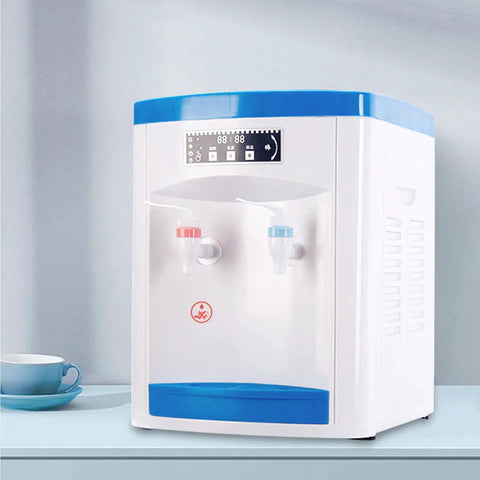 Hot And Cold Water Desktop Dispenser For 1.3 To 5 Gallon Jugs Top Loading Countertop Cooler with blue accent and dual taps
