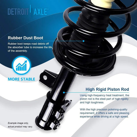 Close-up of a front strut with coil spring from the Front Steering Knuckles With Wheel Hub Bearings And All In One Suspension Kit for Hyundai Elantra.