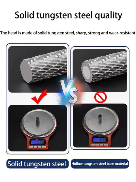 Comparison of solid vs hollow head in Beefed Up Pro Grade Tungsten Carbide Rotary Burr Set For Die Grinders One Quarter Inch