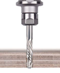 Close-up of 1/8-inch shank carbide end mill router bit cutting into wood, up/down cut, 2-flute