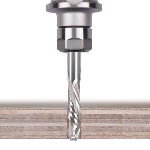 Close-up of 1/8-inch shank carbide end mill router bit cutting into wood, up/down cut, 2-flute