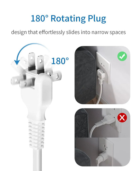 Two Prong To Six Outlet Power Strip With Ten Foot Extension Cord 2100J Surge Protector showing 180-degree rotating plug design