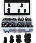 Heavy Duty Waterproof Nylon Cable Glands Kit 76 Piece Joint Set with Adjustable Strain Relief displayed in box
