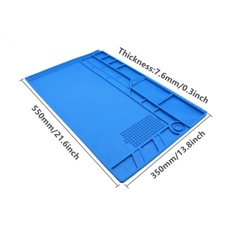 Large Anti Static Heat Insulation Silicone Soldering Mat For Computer Repair And Electronics Workbench Pro Grade Non Toxic Odorless Easy Clean 21.6 x 13.8 Inches Heat Resistant Durable Mat For Soldering And Tech Fixes, showing dimensions